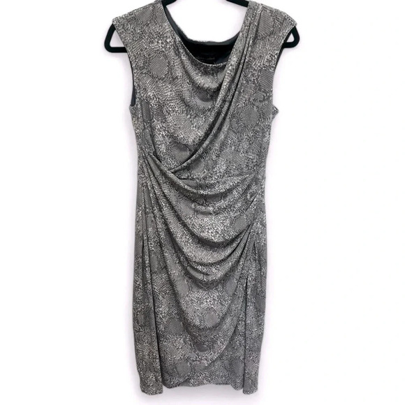 NWT Connected Apparel grey snake skin print faux wrap drape neck dress size 10 - Picture 1 of 5